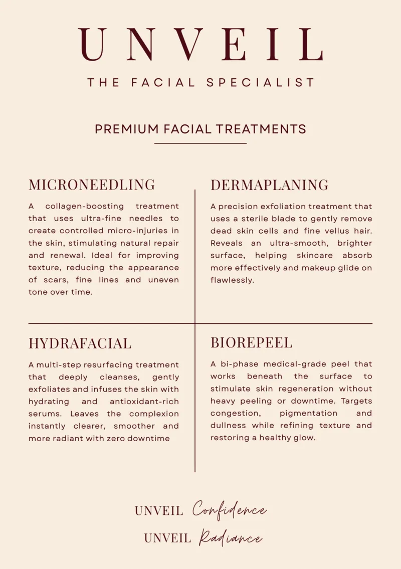 Premium facial treatments overview — microneedling, dermaplaning, HydraFacial, BioRePeel at Unveil The Facial Specialist